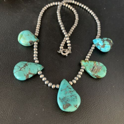Navajo Teardrop Blue Turquoise Necklace | Sterling Silver Pearls | 20" | Authentic Native American | 13965
