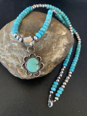 Navajo Blue Turquoise Pendant Necklace | Sterling Silver Pearls | Authentic Native American Handmade | 13219