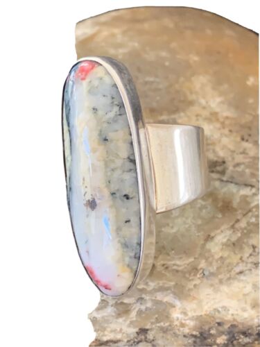 Southwestern Navajo Cinnabrite Ring | White Black | Sterling Silver | Sz 7.5 | 1558