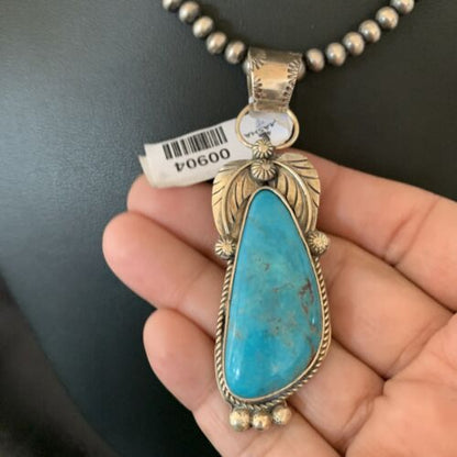 Men's Navajo Pearls Necklace with Blue Kingman Turquoise Pendant | Sterling Silver | 00904