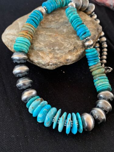 Navajo Blue Green Turquoise Beads Necklace | Sterling Silver | Authentic Native American Handmade | 22" | 4697