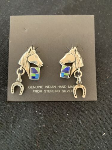 Navajo Blue Lapis & Turquoise Horse Inlay Earrings | Sterling Silver | 1" | Authentic Native American Handmade | 1514