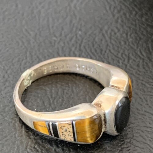 Navajo Black Onyx Coffee Tigers Eye Inlay Ring | Sterling Silver | Sz 8 | Authentic Native American Handmade | 10732