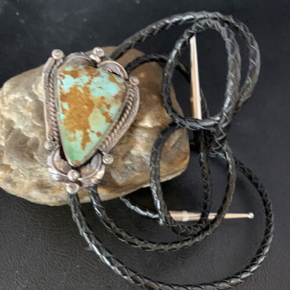 Navajo Green Royston Turquoise Bolo Tie | Sterling Silver | Authentic Native American Handmade | 14109