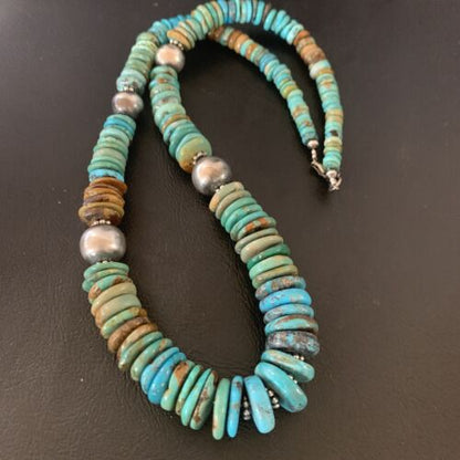 Navajo Blue Green Turquoise Necklace | Sterling Silver | Authentic Native American | 22" | Graduated | 11899