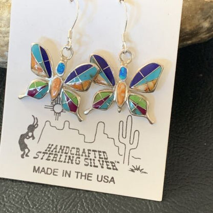 Navajo Butterfly Turquoise Spiny Opal Inlay Earrings | Sterling Silver | 0.5" | 12012