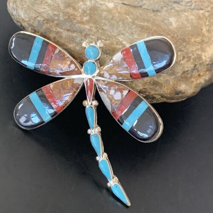 Zuni Wild Horse Turquoise Inlay Dragonfly Pin Pendant | Sterling Silver | 2077