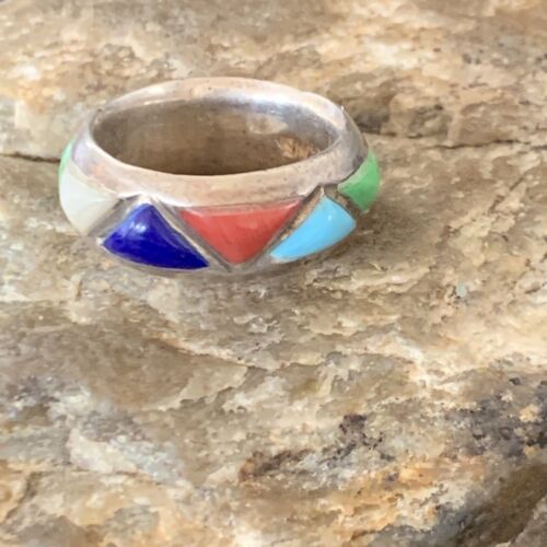 Navajo Multi-Color Turquoise Lapis Coral Mother of Pearl Inlay Ring | Sterling Silver | Sz 5.5 | 12399