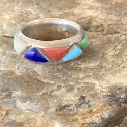 Navajo Multi-Color Turquoise Lapis Coral Mother of Pearl Inlay Ring | Sterling Silver | Sz 5.5 | 12399