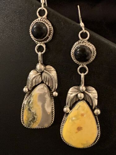 Native American Navajo Black Onyx Bumblebee Jasper Dangle Earrings | Sterling Silver | 2" | 1537