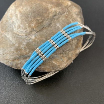 Navajo Blue Turquoise Heishi Bracelet | Sterling Silver | 5-Strand | 8" | Authentic Native American Handmade | 2177