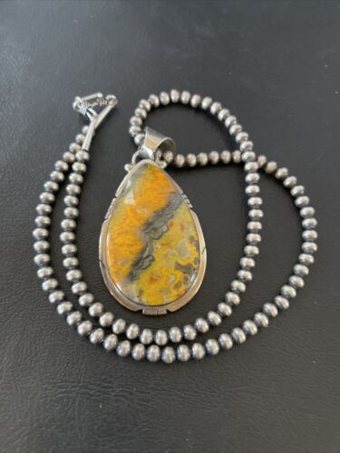 Men's Navajo Pearls Necklace with Bumblebee Jasper Pendant | Sterling Silver | Native American Handmade | 10548