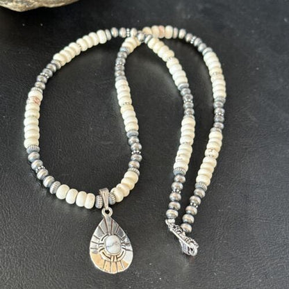 Navajo White Buffalo Turquoise Pendant Necklace | Sterling Silver | Authentic Native American Handmade | 14613