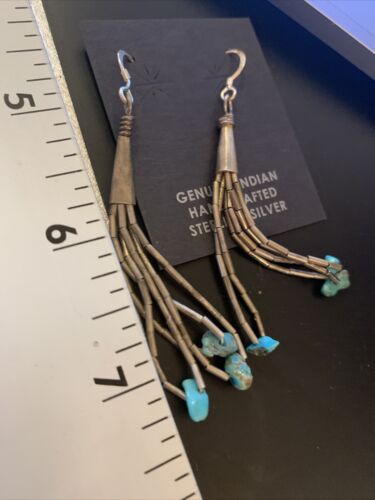 Old Pawn Liquid Silver Heishi Dangle Earrings | Turquoise Sterling | 2" | 13035