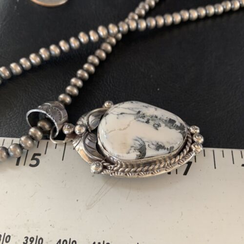 White Buffalo Turquoise Pendant Necklace | Sterling Silver | Navajo | Authentic Native American Handmade | 14053