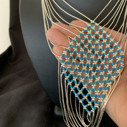 Turquoise Liquid Silver Heishi Necklace | 7 Strand Sterling Silver Tubes | 19" | 12628