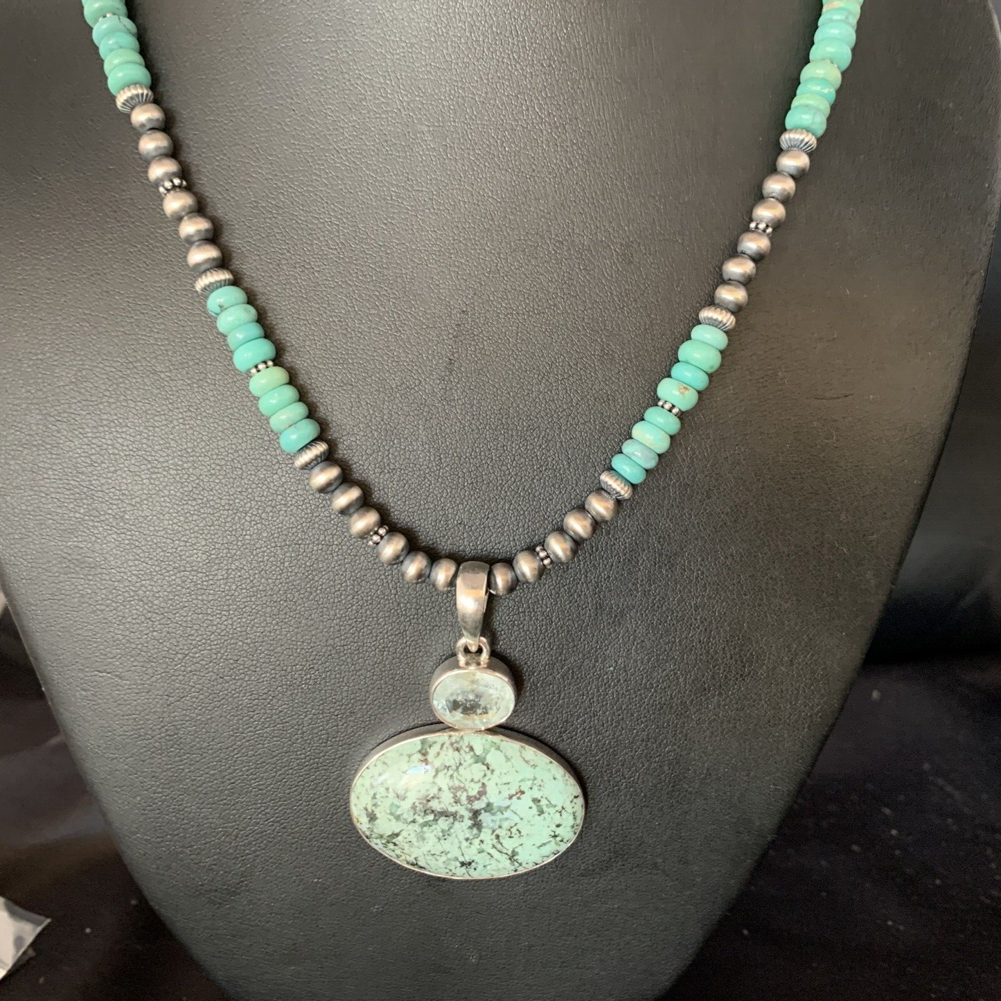 Navajo Pearls Sterling Silver Necklace | Blue Spiderweb Turquoise Pendant | Multi-Stone | 13921