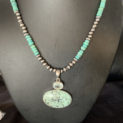Navajo Pearls Sterling Silver Necklace | Blue Spiderweb Turquoise Pendant | Multi-Stone | 13921