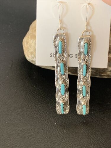 Navajo Turquoise Dangle Earrings | Sterling Silver | 2" Long | Authentic Native American Handmade | 12122