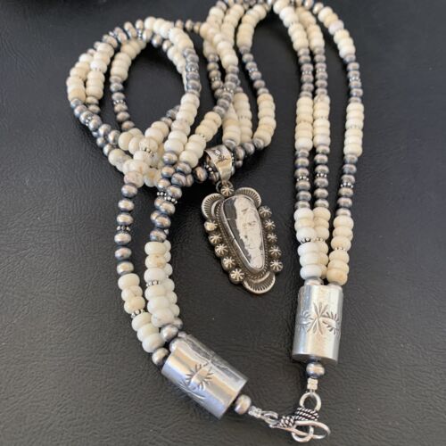 Navajo White Buffalo Turquoise Pendant Necklace | Sterling Silver | 3-Strand | Authentic Native American Handmade | 10642