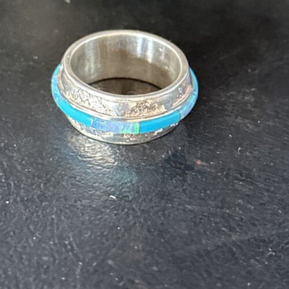 Navajo Blue Turquoise Opal Inlay Eternity Band Ring | Sterling Silver | Sz 6.5 | 14543