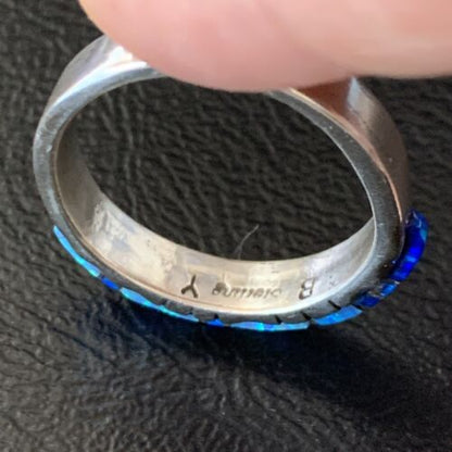 Navajo Blue Opal Inlay Ring | Sterling Silver | Sz 10.5 | Authentic Native American Handmade | Yazzie | 12963