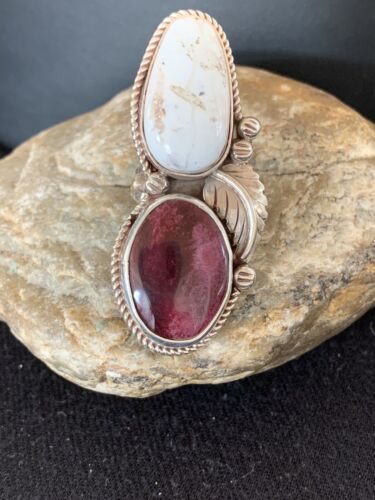 Navajo White Buffalo Turquoise & Spiny Oyster Multi-Stone Ring | Authentic Native American Sterling Silver | Sz 9 | 308