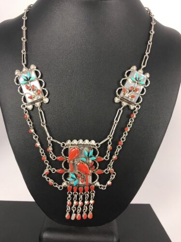 Zuni Turquoise Coral Necklace | Collectible Sterling Silver Pendant | Native American Handmade | 315