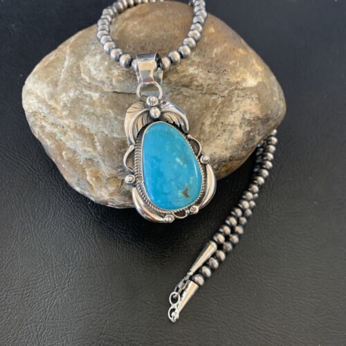 Mens Navajo Pearls Sterling Blue Kingman Turquoise Necklace Pendant 12591