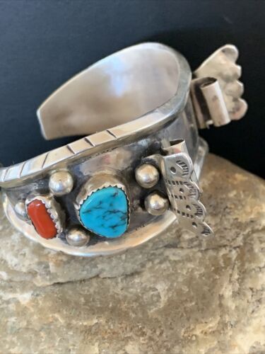 Navajo Sterling Silver Watch Cuff Bracelet | Blue Turquoise & Coral | Authentic Native American Jewelry | 12169