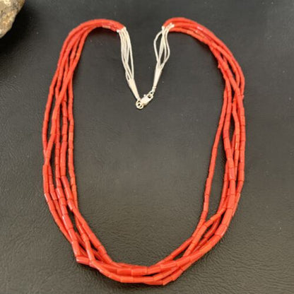 Southwestern Natural Red Coral Heishi Necklace | 5 Strand | Sterling Silver | 20" | 1217