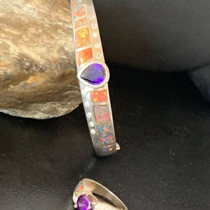 Navajo Sterling Silver Bracelet with Opal and Amethyst | 7" | Ring Sz 6 | Native American Handmade | 13120