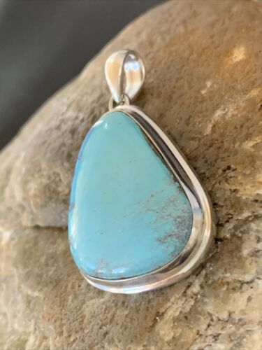 Native American Navajo Blue Bisbee Turquoise Pendant | Sterling Silver | 1.5" | 1618