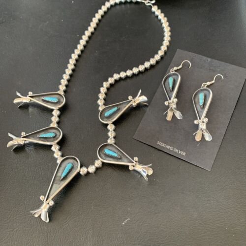 Navajo Squash Blossom Necklace & Earrings Set | Kingman Turquoise | Sterling Silver | Authentic Native American Handmade | 10925