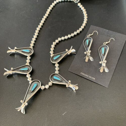 Navajo Squash Blossom Necklace & Earrings Set | Kingman Turquoise | Sterling Silver | Authentic Native American Handmade | 10925