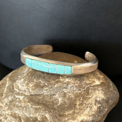 Men's Blue Sleeping Beauty Turquoise Inlay Bracelet | Sterling Silver | Authentic Native American Handmade | 14530