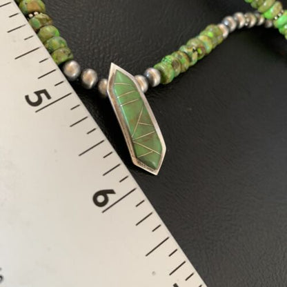 Navajo Green Gaspeite Turquoise Inlay Pendant | Sterling Silver | Authentic Native American Handmade | 13269