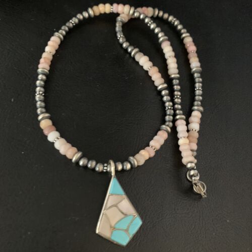 Navajo Mother of Pearl Turquoise Inlay Pendant with Pink Opal Bead | Sterling Silver Necklace | 13456