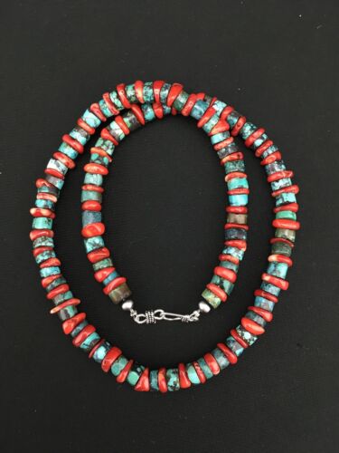 Navajo Sterling Silver Heishi Green Turquoise Coral Necklace | 20" | 1266