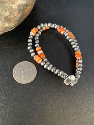 Navajo Pearls Sterling Silver Orange Spiny Oyster Bead Bracelet | 7.5" | Authentic Native American Handmade | 13801