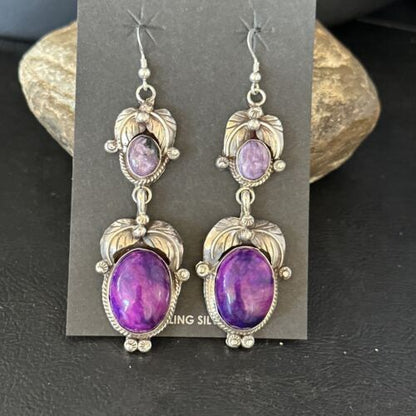 Navajo Purple Sugilite Dangle Earrings | Sterling Silver | 2" | Authentic Native American Handmade | 14402