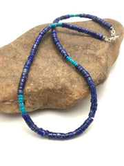 Navajo Lapis & Turquoise Beads Necklace | Sterling Silver | 19" | Authentic Native American Handmade | 3218