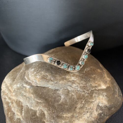 Navajo Old Pawn Cuff Bracelet | Sterling Silver | Handmade Blue Turquoise & Onyx | 13583