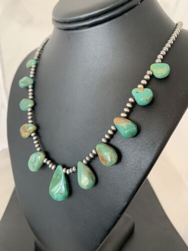 Navajo Pearls Sterling Silver Green Royston Turquoise Necklace | Teardrop | Native American