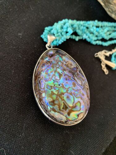 Navajo Sterling Blue Turquoise 4 Strand Necklace | Pava Shell Pendant | 19" Multi-Strand | Southwestern | 00890