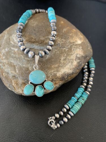 Navajo Pearl Necklace with Blue Cluster Turquoise Pendant | Sterling Silver | 12498