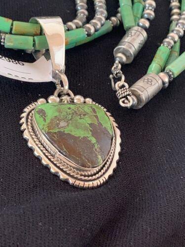 Navajo Pearls Sterling Silver Green Gaspeite Pendant Turquoise Necklace Set | Multi-Strand | 2986
