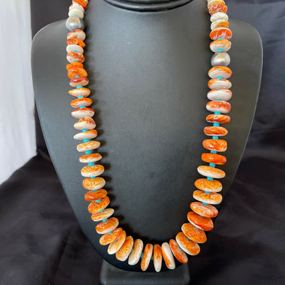 Authentic Native American Navajo Turquoise & Orange Spiny Oyster Necklace | Sterling Silver | Graduated | 22" | 10588