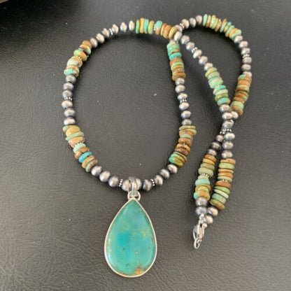 Navajo Royston Bead Green Turquoise Necklace Pendant | Sterling Silver | Authentic Native American Handmade | 11868
