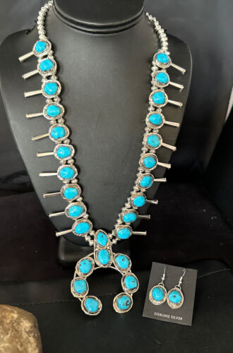 Kingman Turquoise Squash Blossom Necklace | Navajo Sterling Silver Naja | Authentic Native American | 14456